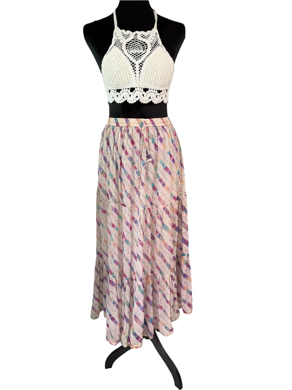 Neerus Vibrant Multicolor Maxi Skirt Diagonal Stripe Shimmer Accent Size Small